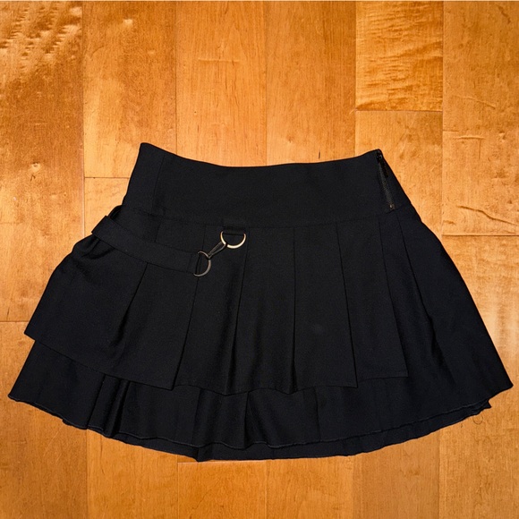 Ideology Black Layered Pleated Mini Skirt with Metal Fabric Chain Goth Punk Hip - Picture 4 of 8